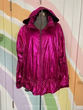 SPANX Sample Metallic Pink Hooded Windbreaker Jacket M/L Rare Sara Blakely